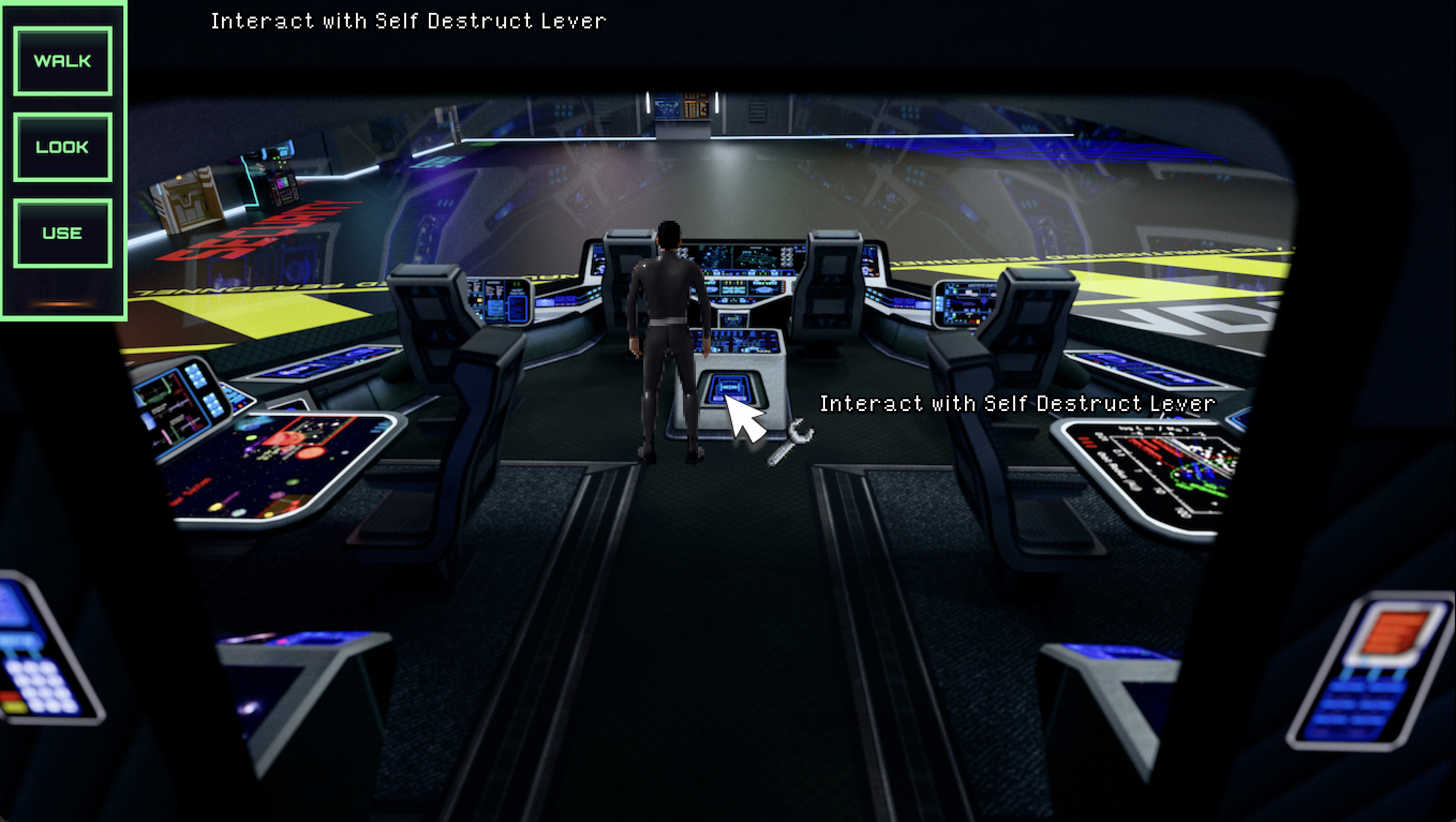 Gameplay Screenshot, showing the player in a cockpit about to interact with a self-destruct lever